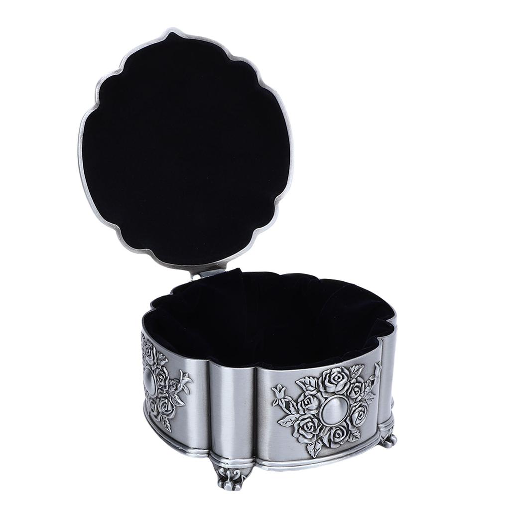 Vintage Jewelry Storage Box Zinc Alloy Antique Trinket Organizer Keepsake Box Emboss Rose Pattern Velvet Interior for