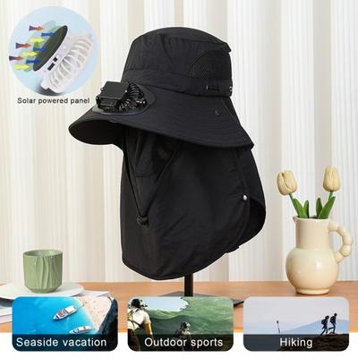 Men Solar Fan Hat with Face And Neck Cover USB Rechargeable Fan Large Brim Hollow Mesh Windproof Strap Anti-UV Sunlight Protection Outdoor Fishing