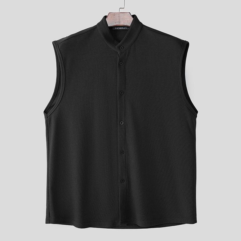 

INCERUN Мужские безрукавные майки оверсайз однотонной текстуры на пуговицах, повседневные свободные чёрный