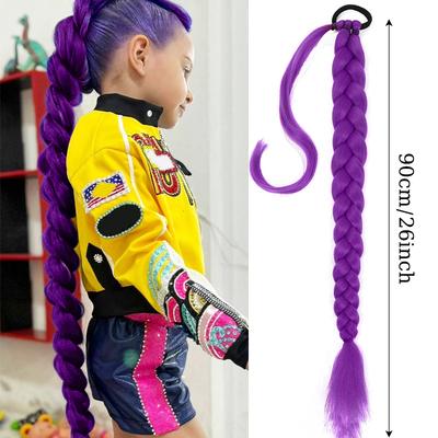 Extensie Coadă de Păr Mov 36 inch pentru Copii Cosplay Păr Super Lung Împletit cu Elastice Cozi Elegante Înfășurate pentru Păr Copii