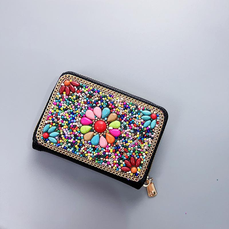 Ethnic Style Card Holder - Multi-layer Premium Hand-feel Vintage Delicate Beaded Zipper Pocket