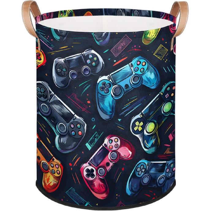 Bardic Large Laundry Basket Gaming Theme Laundry Hamper with Leather Handle, Game Controller Collapsible Organizer Basket Freestanding Tall Clothes