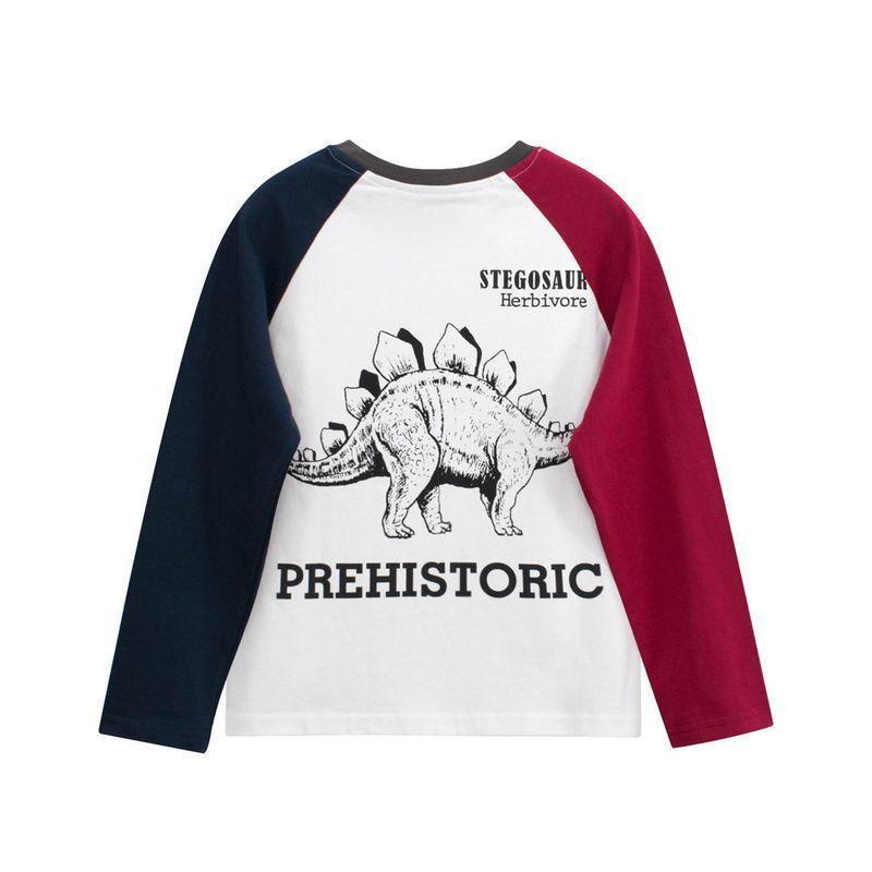 Clothing Children's Spring and Autumn Contrast Color round Neck Long Sleeves T-Shirt Boys and Girls Pure Cotton Dinosaur Children's Bottoming Shirt
