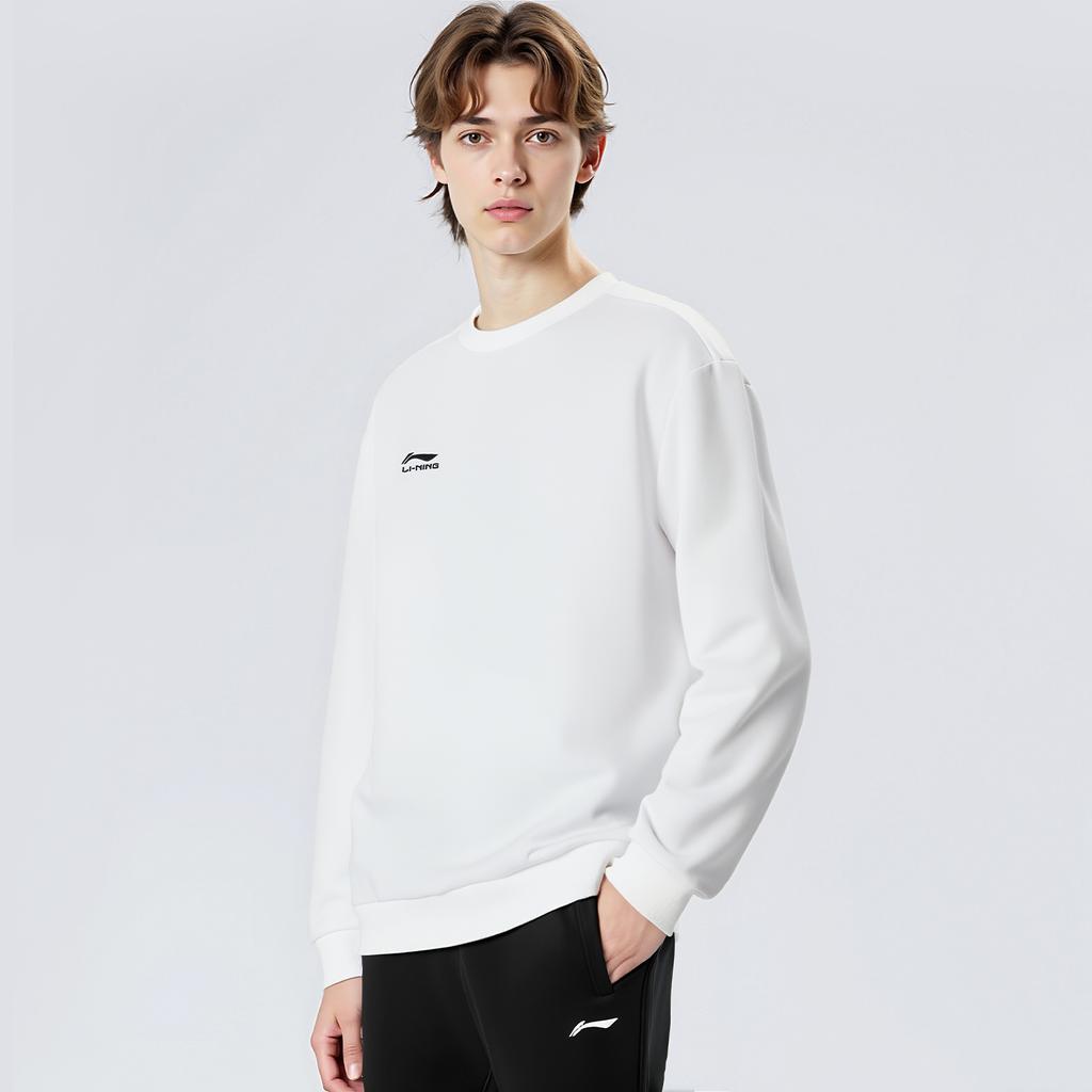 Li Ning Sweatshirts Men's White Fleece Lined Crew Neck Thickened Regular AWDVH11-2