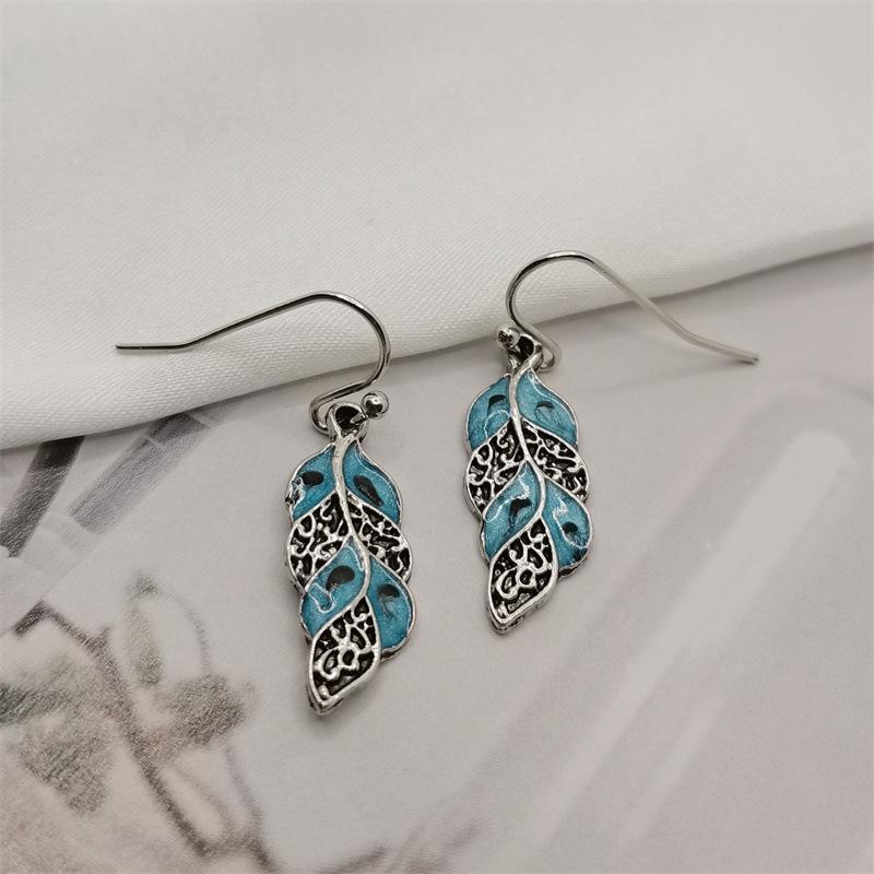 Bohemian Peacock Feather Pendant Earrings - Retro Light Blue Ancient Silver Jewelry