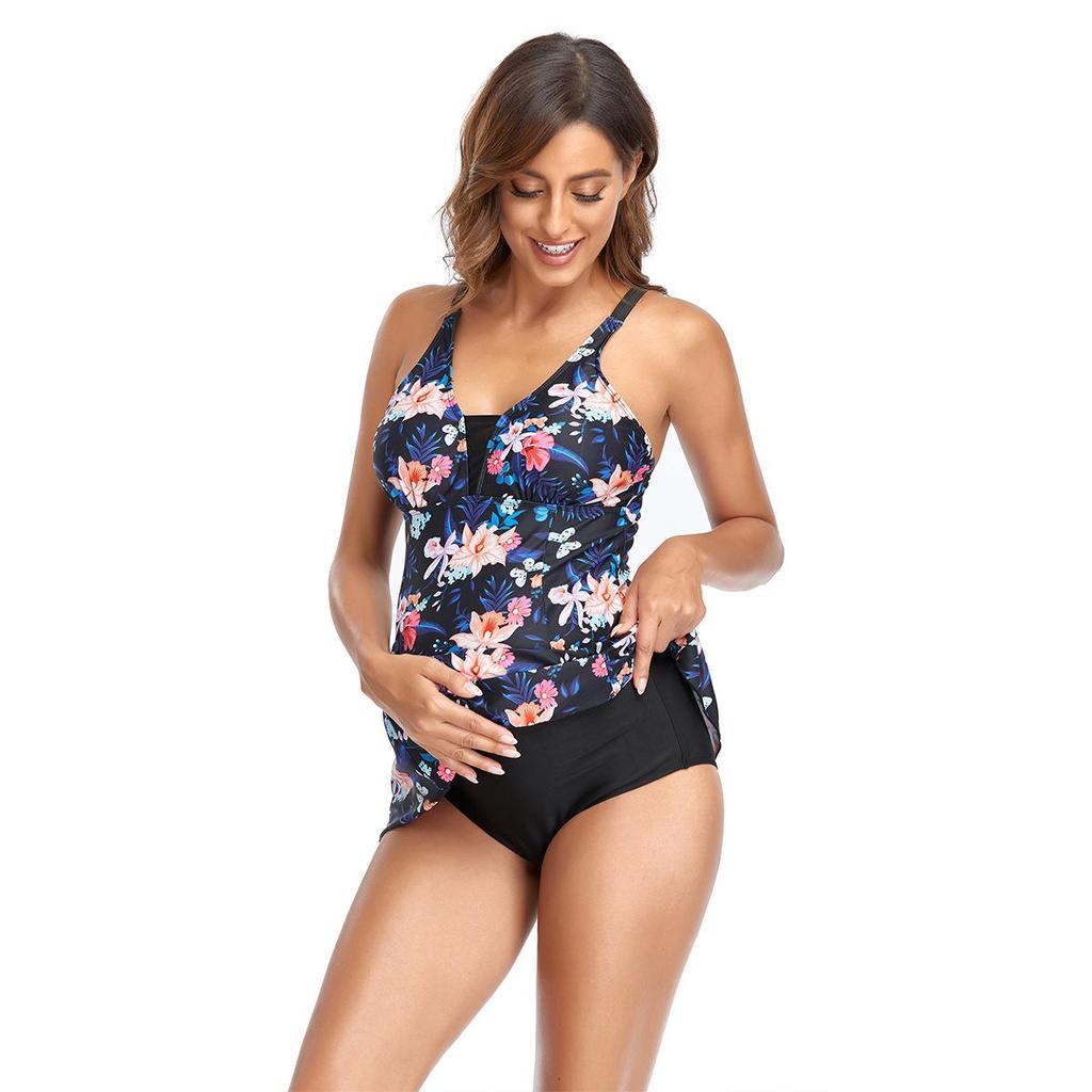 European & American Plus Size Maternity Swimsuit - Women's Printed, Belly Covering, Backless, Split Skirt Swimwear