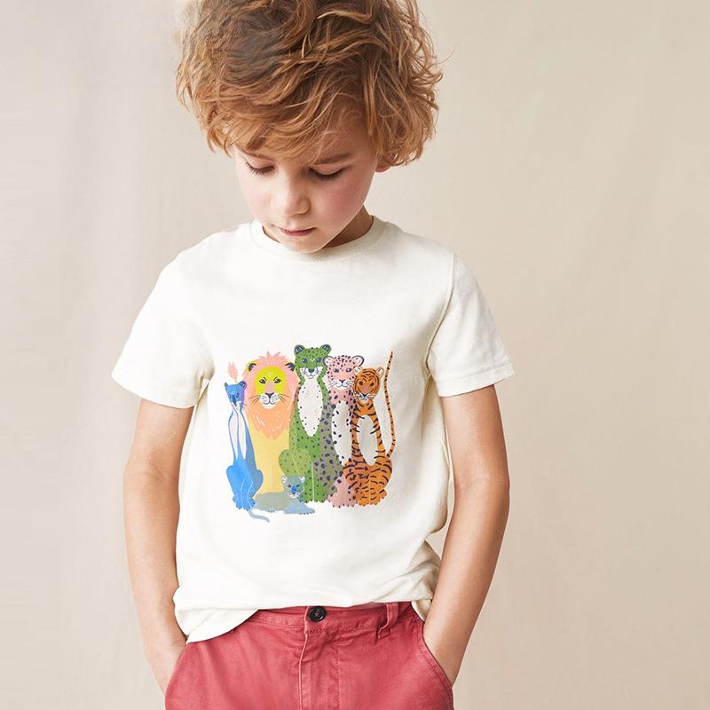 Boys' Short-Sleeved T-Shirt Children's Cartoon Animal Print Crew Neck Top Baby Knitted Cotton Sweatshirt