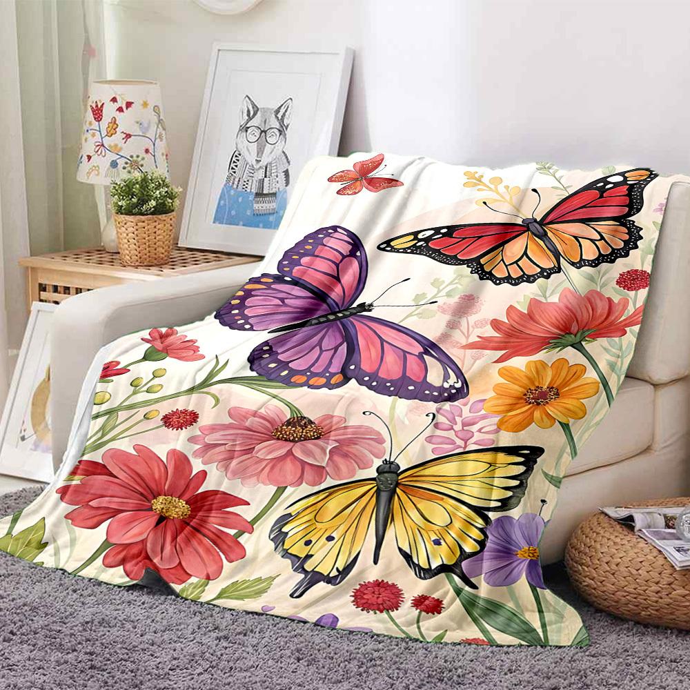 1pc Butterflies Flowers Lightweight Flannel Blanket, Comfortable and Warm Blanket, for Office and Camping Sofa Bed, Livingroom142