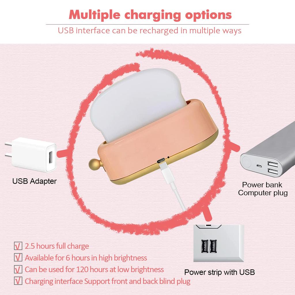Brödrost Bröd LED Nattlampa USB Uppladdningsbar Söt Liten Sängbordslampa för Rum Skrivbordsdekor Barn Barn Gåvor Nattlampa