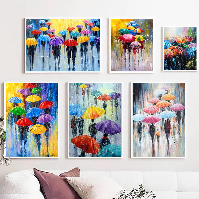 Abstract Colorful Umbrella Landscape In The Rain Poster Canvas Oil Painting Wall Art For Modern Living Room Home Decor Cuadros