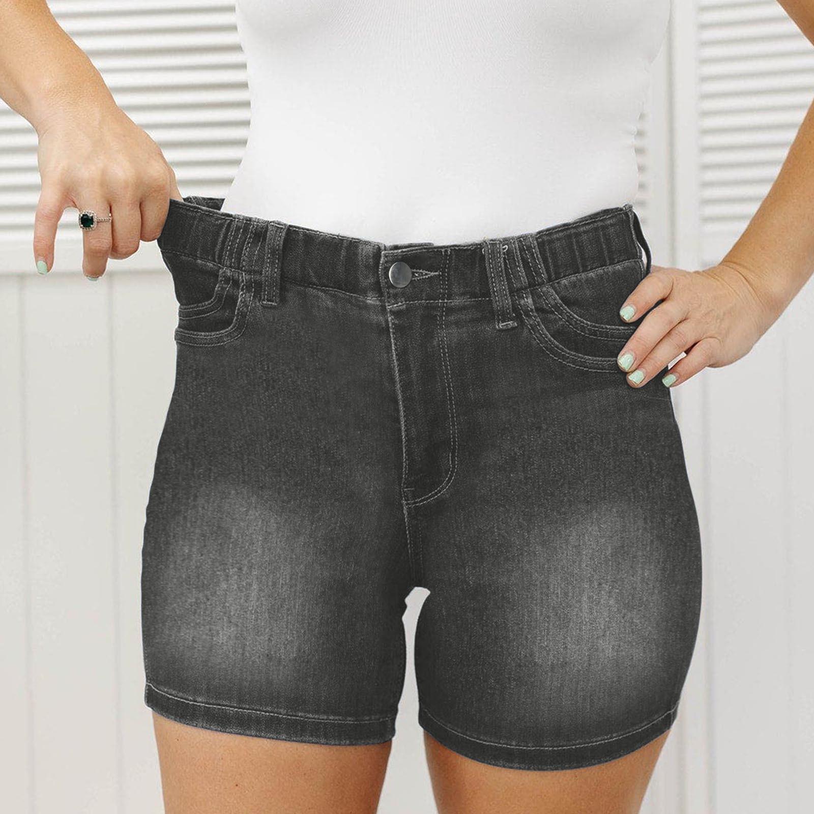 

Шорти середньої довжини з високою талією та еластичною талією – повсякденні джинсові шорти з високою талією, еластичні джинсові шорти з чарівними подвійними кишенями XL чорний