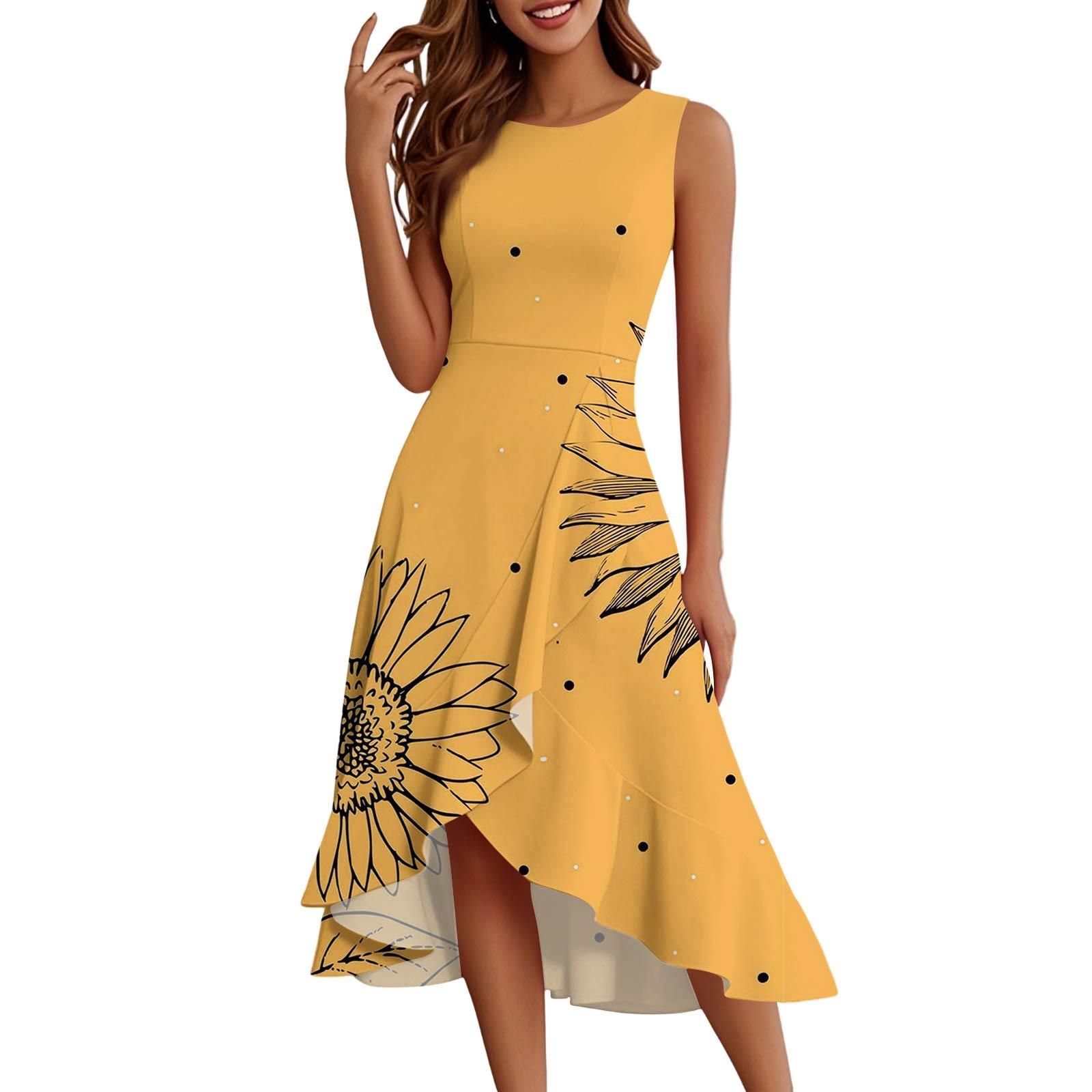 

Женские модные повседневные платья без рукавов с круглым вырезом и принтом, элегантные, темпераментные, с оборками XL жёлтый