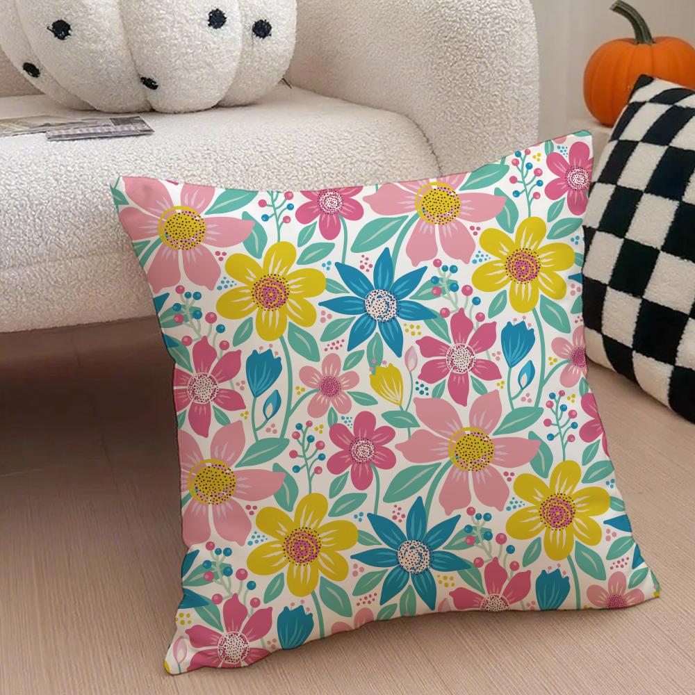 Spring and Summer Floral Cushion Cover Throw Pillow Cover Hidden Button Durable Polyester Chair Cushion