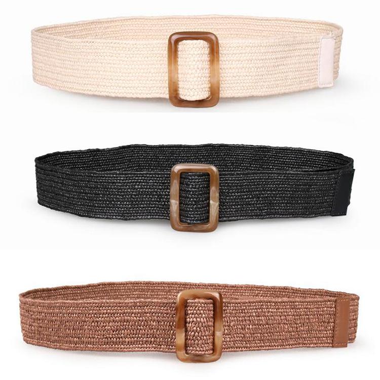 New European and American Casual Resin Buckle PP Lafite Ethnic Style Women's Belt Elastic Braided Belt