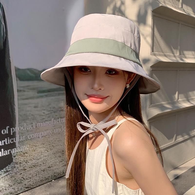 Outdoor Leisure Sun Hat Fisherman Hat Simple Color Block Tether Sun Protection Hat Girl Traveling To Show Her Face Small Hat Early Spring
