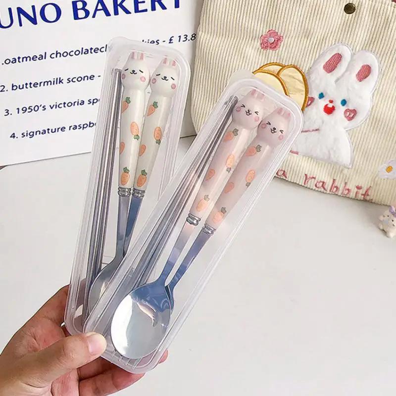 Spoon Fork Chopsticks Sets Stainless Steel Cartoon Bunny Cute Cutlery set in Storage Box