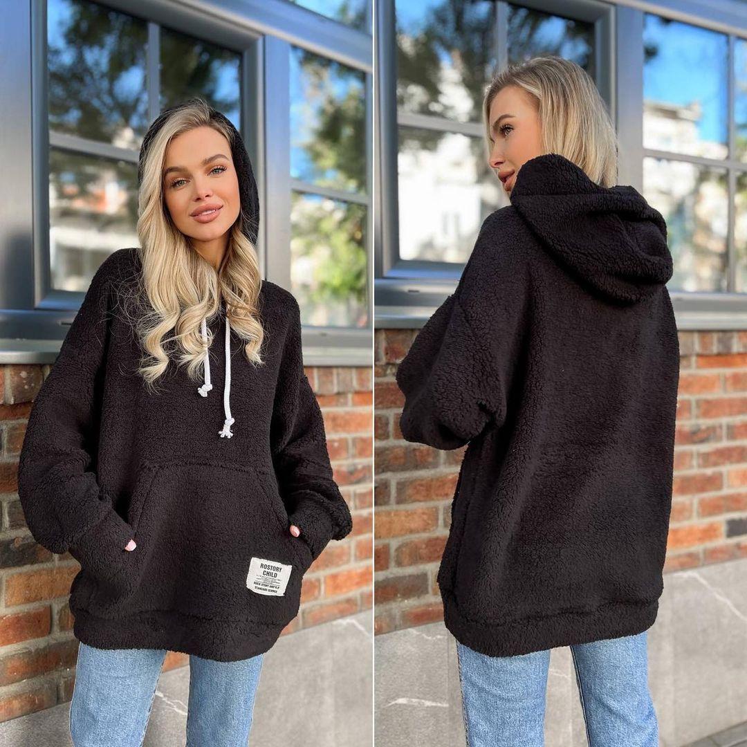 BITCED Фланелевой свободный пуловер с капюшоном и длинными рукавами — фото 6