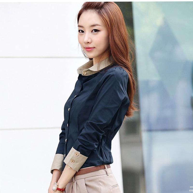 Patchwork Langermede Skjorter Dame Bluse Høst Lapel Office Dame Button Casual Shirt Plus Size Bluser Topper