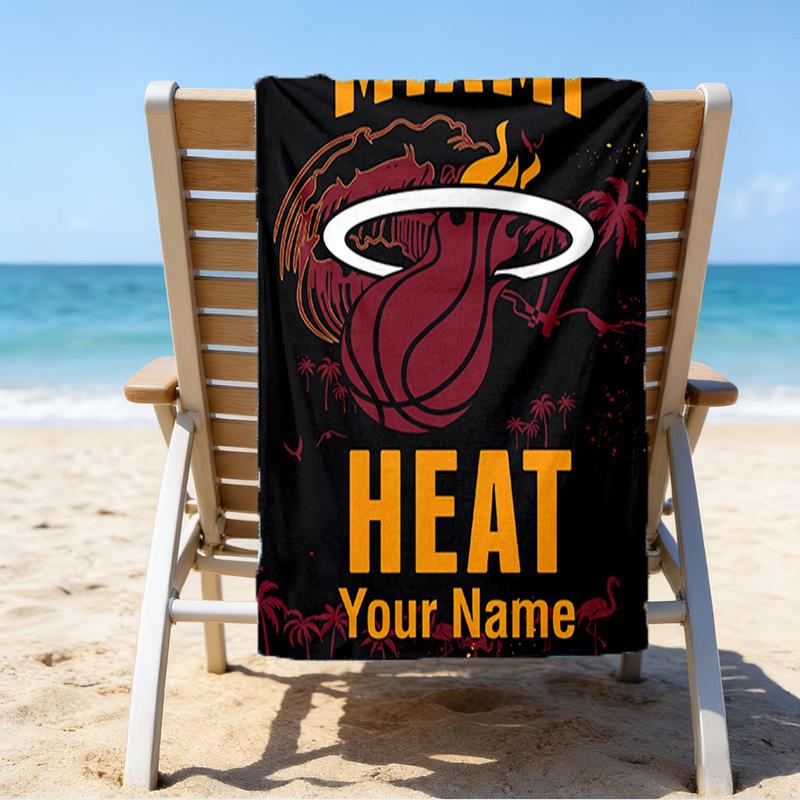 Custom Name Beach Towel Miami-Heat Basketball Art Beach Towel, Soft Microfiber, Gift for Her/Him, Birthday, for Pool, Beach, Travel, Fan gifts