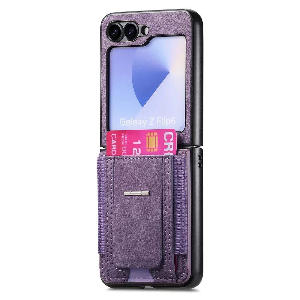 Retro Leather Bracket Wallet with Card Holder Phone Case for Samsung Galaxy Z Flip 6 5 4 3 Flip6 Flip5 Flip4 Protective Cover