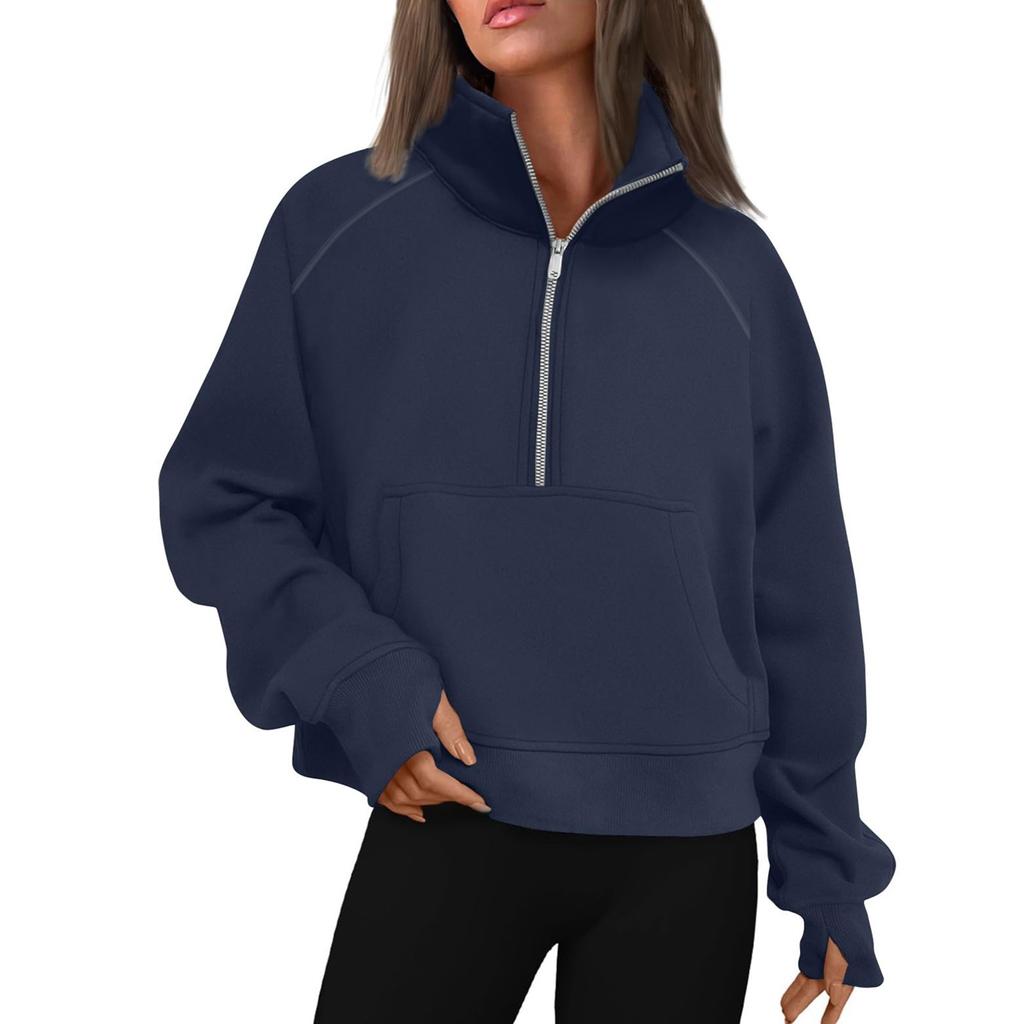 Women's Stand Collar Plus Fleece Solid Color Hoodie Long Sleeve Pocket Loose Half Zip Pullover Hoodie Top