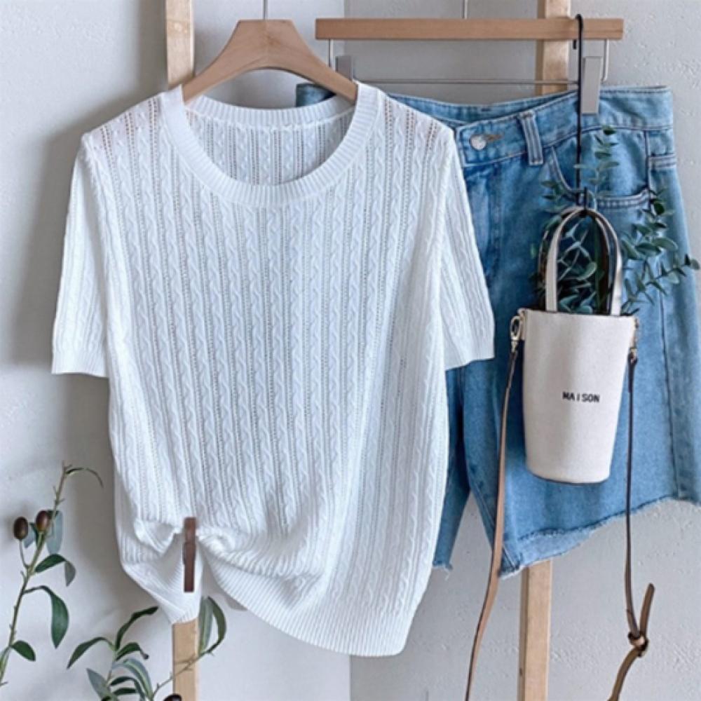 New Arrivals Open Run Women Cable Round Neck Short Sleeve Knit Sweater
