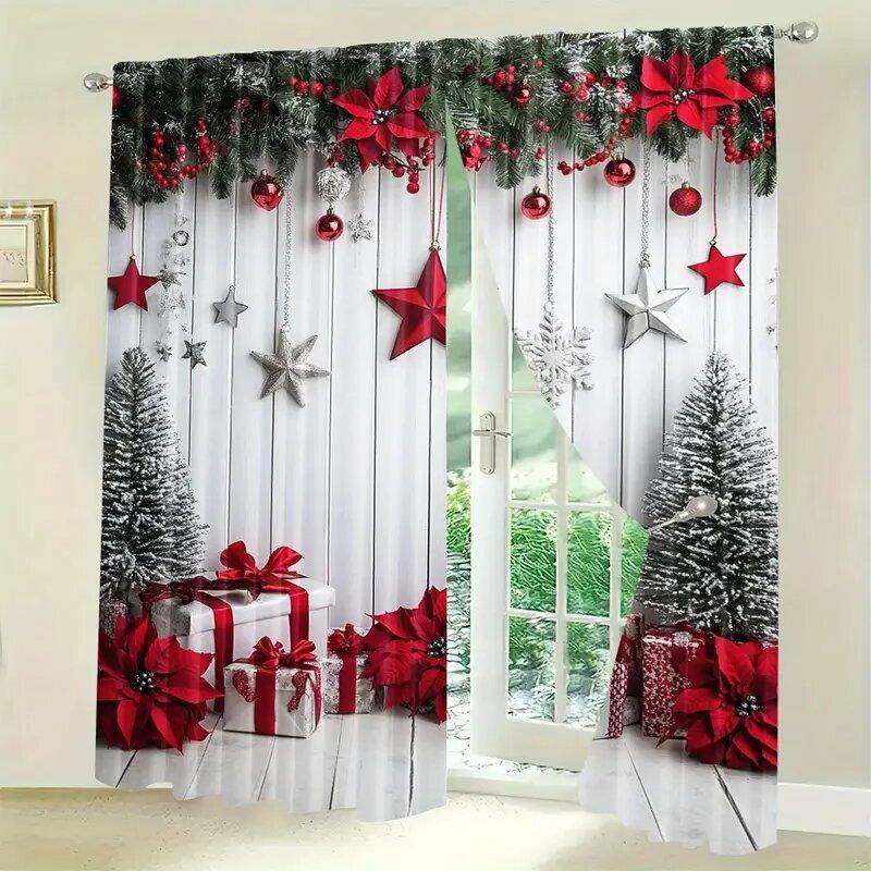 Christmas tree and star-patterned printed curtains   Christmas decorations   home decorations   room decorations