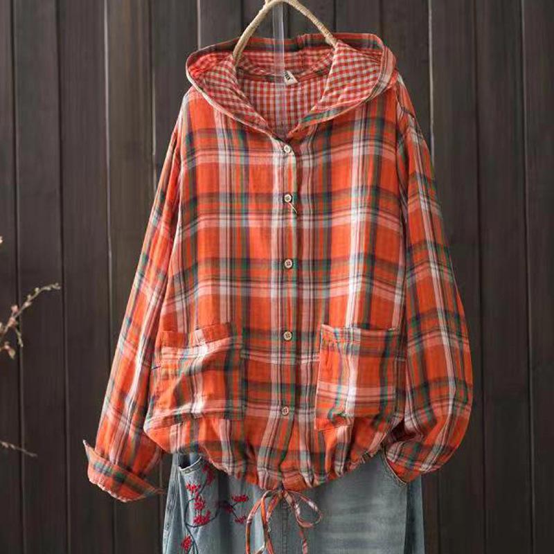 Women's Hooded Double-layer Cotton Yarn Plaid Shirt   Literary Retro Casual Cardigan Top Jacket