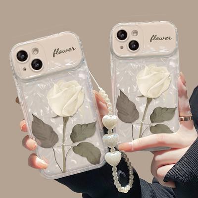 The White Rose Chain Is Suitable for IPhone 16, Phone Case 15pro, Flip Mirror 14, Transparent Silicone 13, Fine Hole 7/8