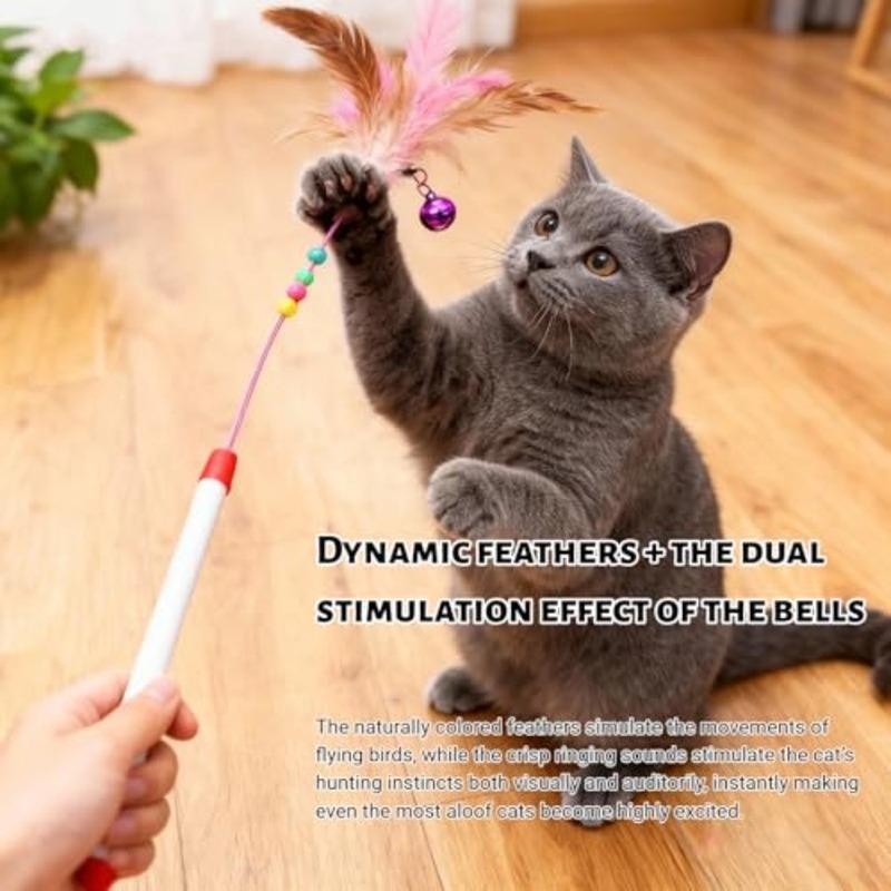 Cat Feather Wand Toy - Steel Wire Feather Interactive Cat Stick Training - Beads Bells Kitten Wand Toys Pet, Funny Kitten Fishi