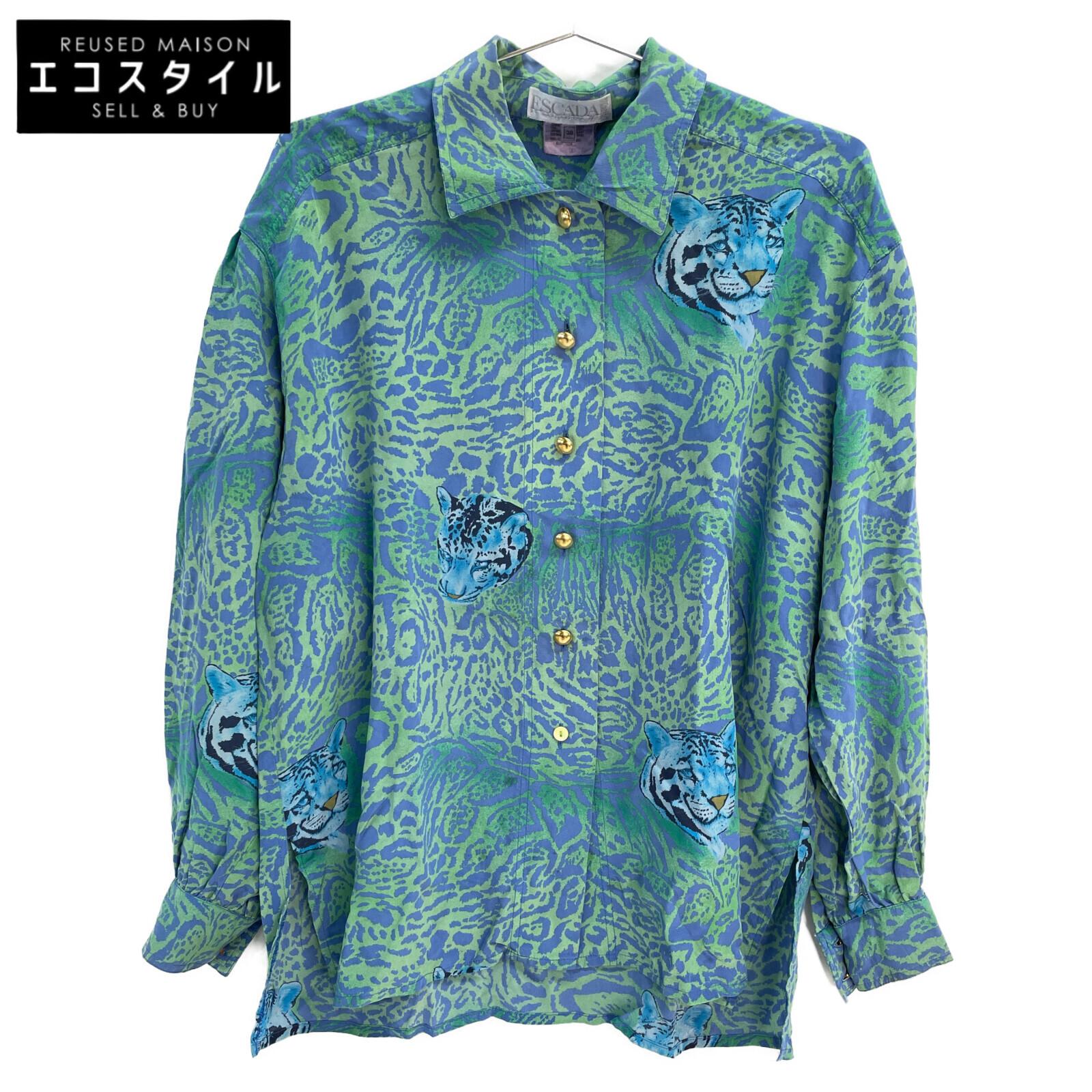 

ESCADA 80 s Green and Blue Leopard and White Tiger Silk Shirt tops 38 Blue greenUsed