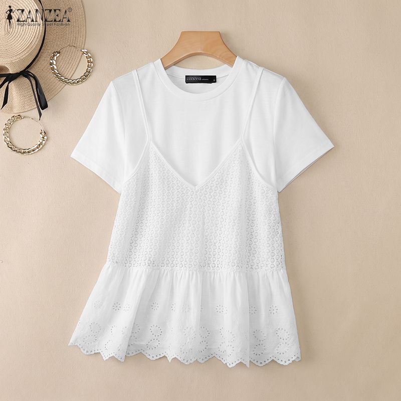 ZANZEA Women Casual Round Neck Splice Loose Short Sleeve Blouse