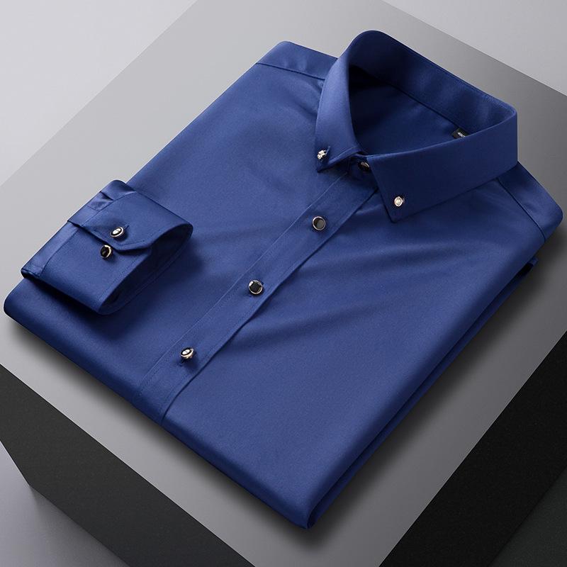 Trendy Iron-Free Slim Fit Mulberry Silk Shirt with Rhinestone Buttons and Turn-Down Collar