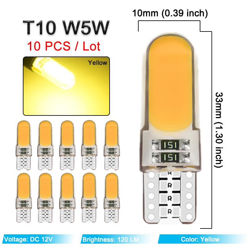 10 PCS T10 W5W LED Bulbs COB 12V 7500K White Car Wedge Side Signal Lights Interior Door Dome Trunk License Plate Lamps Silicone