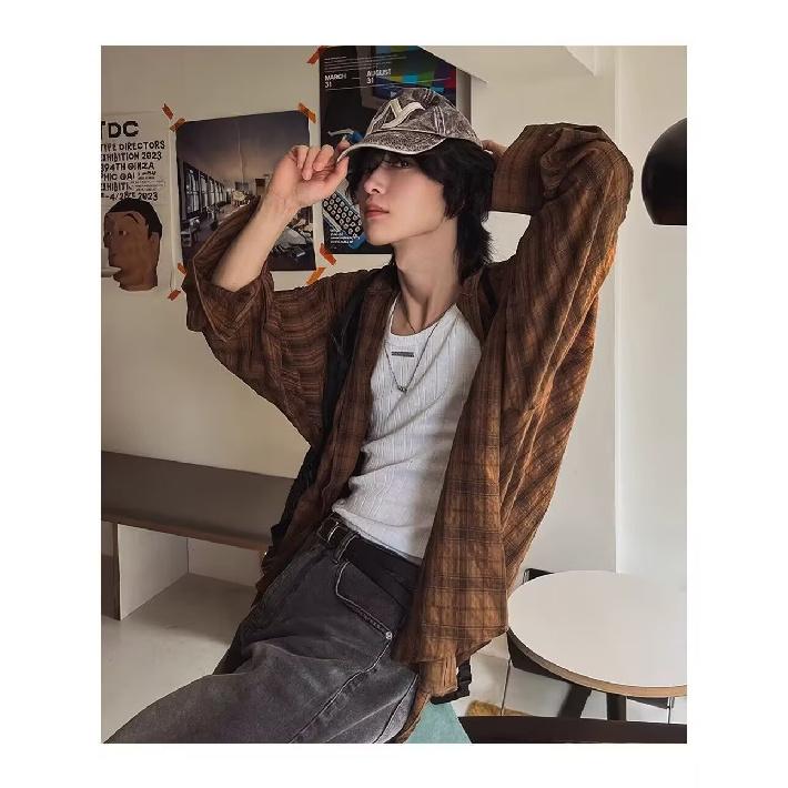 American Style Plaid Sun Protection Hooded Shirt for Men and Women 2025 Summer Lazy Style Sun Protection Shirt Couple Long Sleeve Thin Jacket