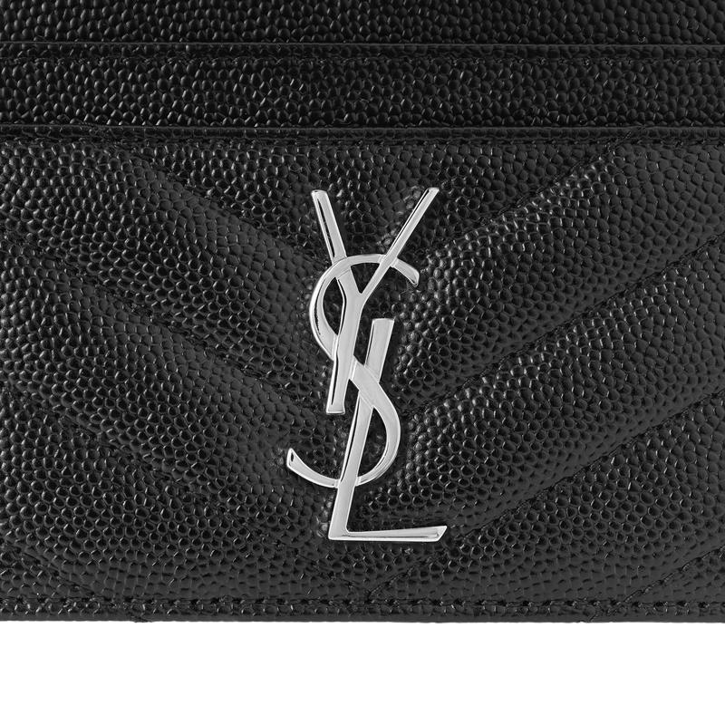 Saint Laurent Ysl Monogram Silver Logo Grainy Embossed Quilted Leather Card Holder Women Card Holder Black 423291-BOW02-1000