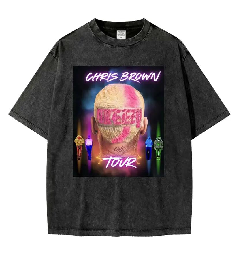Rapper Chris Brown Breezy Großes Gesicht Grafik T-Shirt Unisex Damenmode Vintage Gewaschen Übergroß Kurzarm T-Shirts Streetwear
