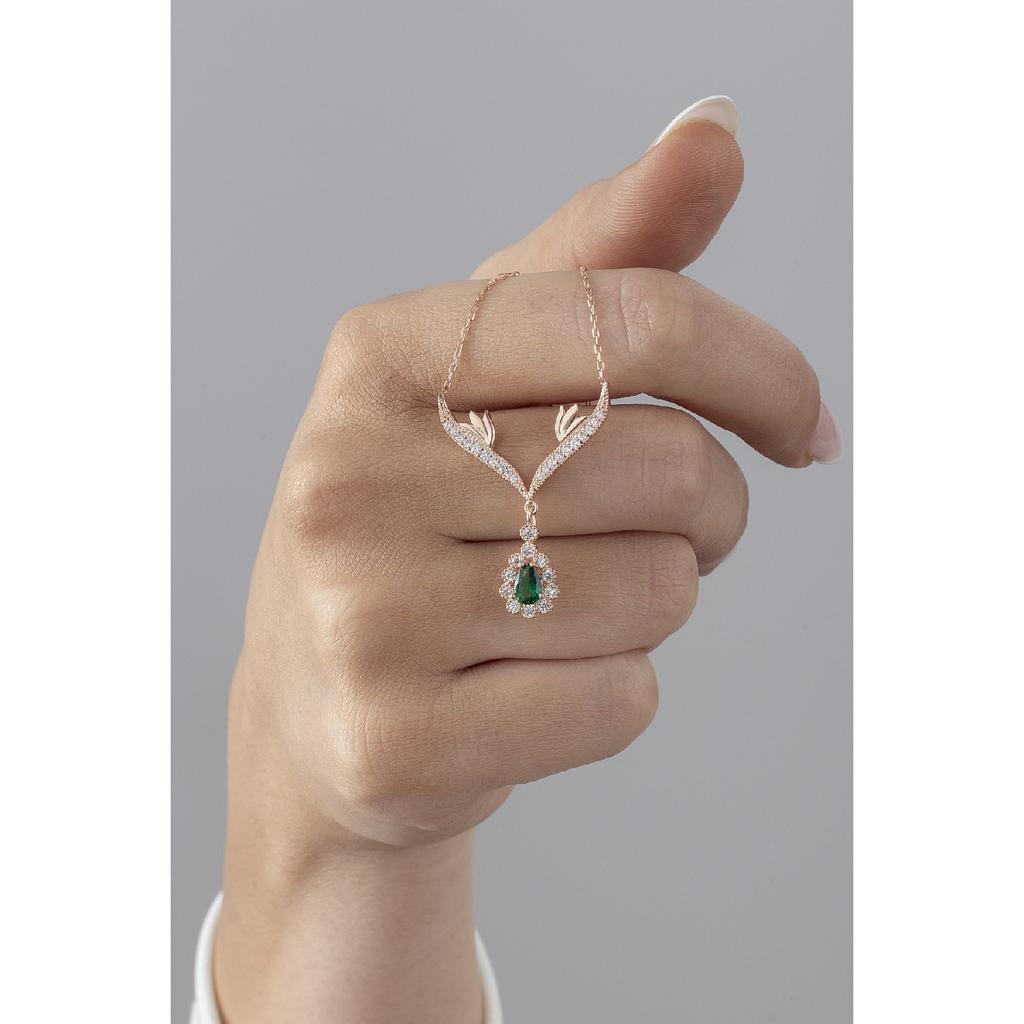 925 Sterling Silver Emerald Stone Drop Model Women's Silver Necklace