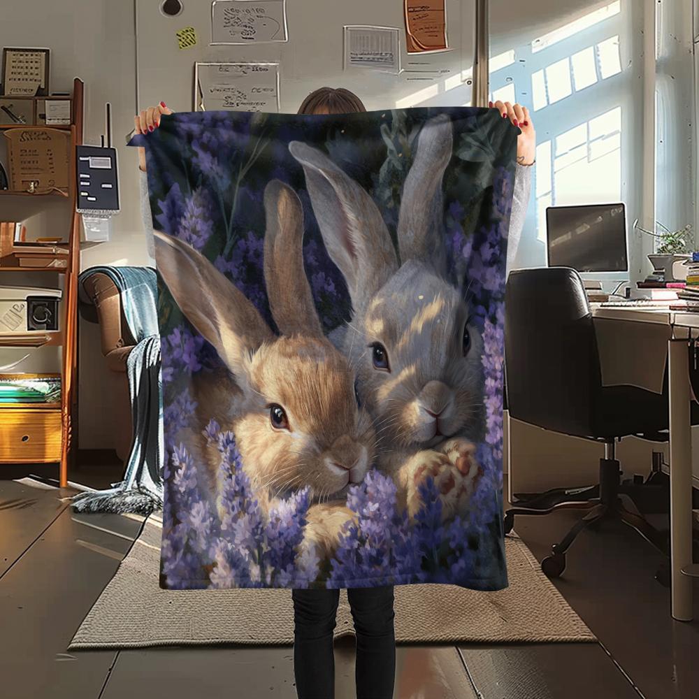 Rabbit and Flowers pattern Flannel Blanket, High quality Comfortable for All Seasons, Home Decor, Warmth and Comfort, Perfect for Gifts.