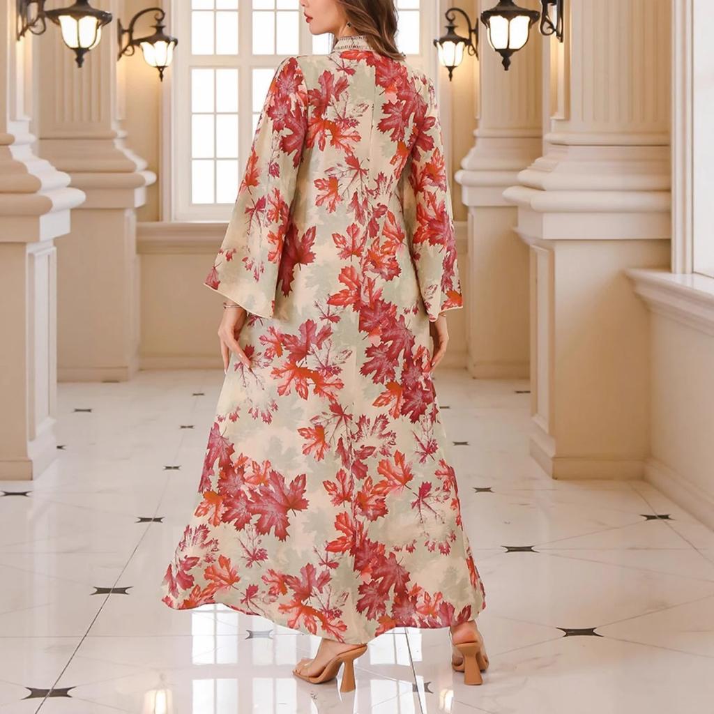 Europe, America, Autumn Robe Dress Flower Print Long Sleeve Dress Robe