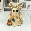 Vintage Patchwork Ghost Figurine Led Light Halloween Decor Resin Ghost Statue Holding Pumpkin Bucket Cute Ornament Party Decor