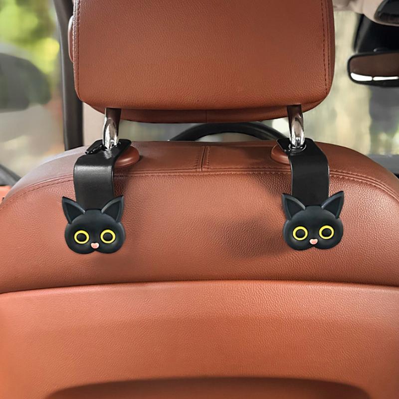2Pcs Adorable 3D Cartoon Cat Car Seat Headrest Hooks - Universal Vehicle Storage Organizer For Handbags,Purses Coats Cute