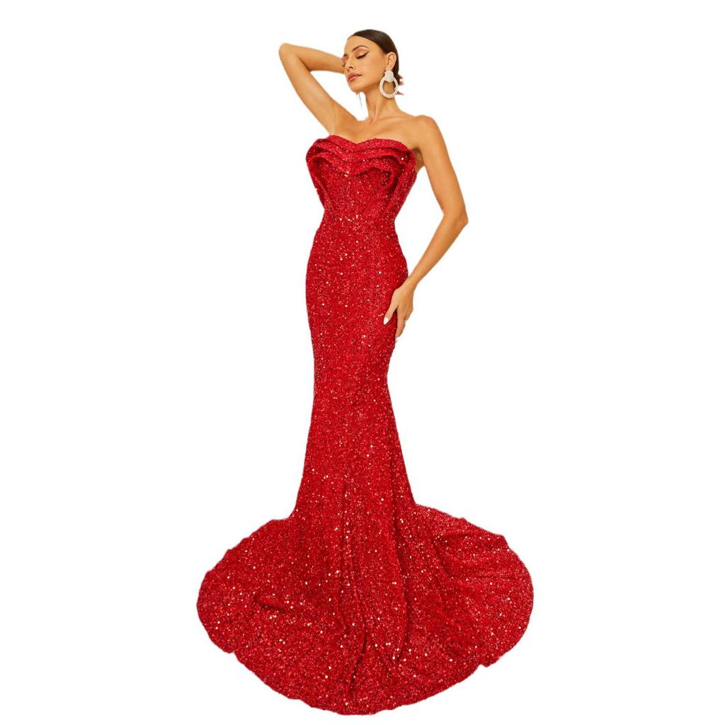 Europäisches & Amerikanisches schulterfreies Pailletten-Abendkleid - elegantes Bandeau-Brautjungfernkleid.