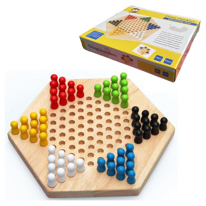 Wooden Hexagonal Jump Checkers Kids Parent Interactive Tabletop Board Game