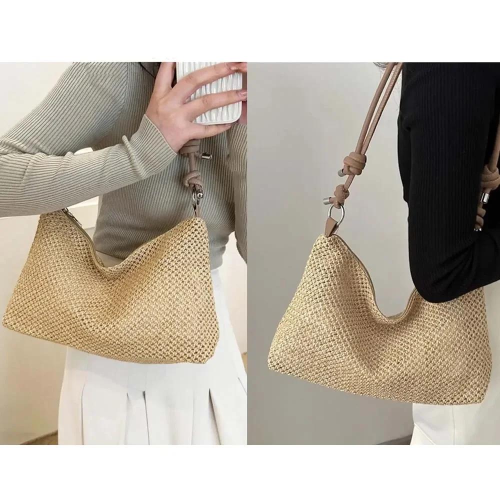Bolso de paja tejido para mujer, bolso de hombro tejido, bolsos de playa, bolsos hobo, bolsos tejidos, diseñador de moda, verano