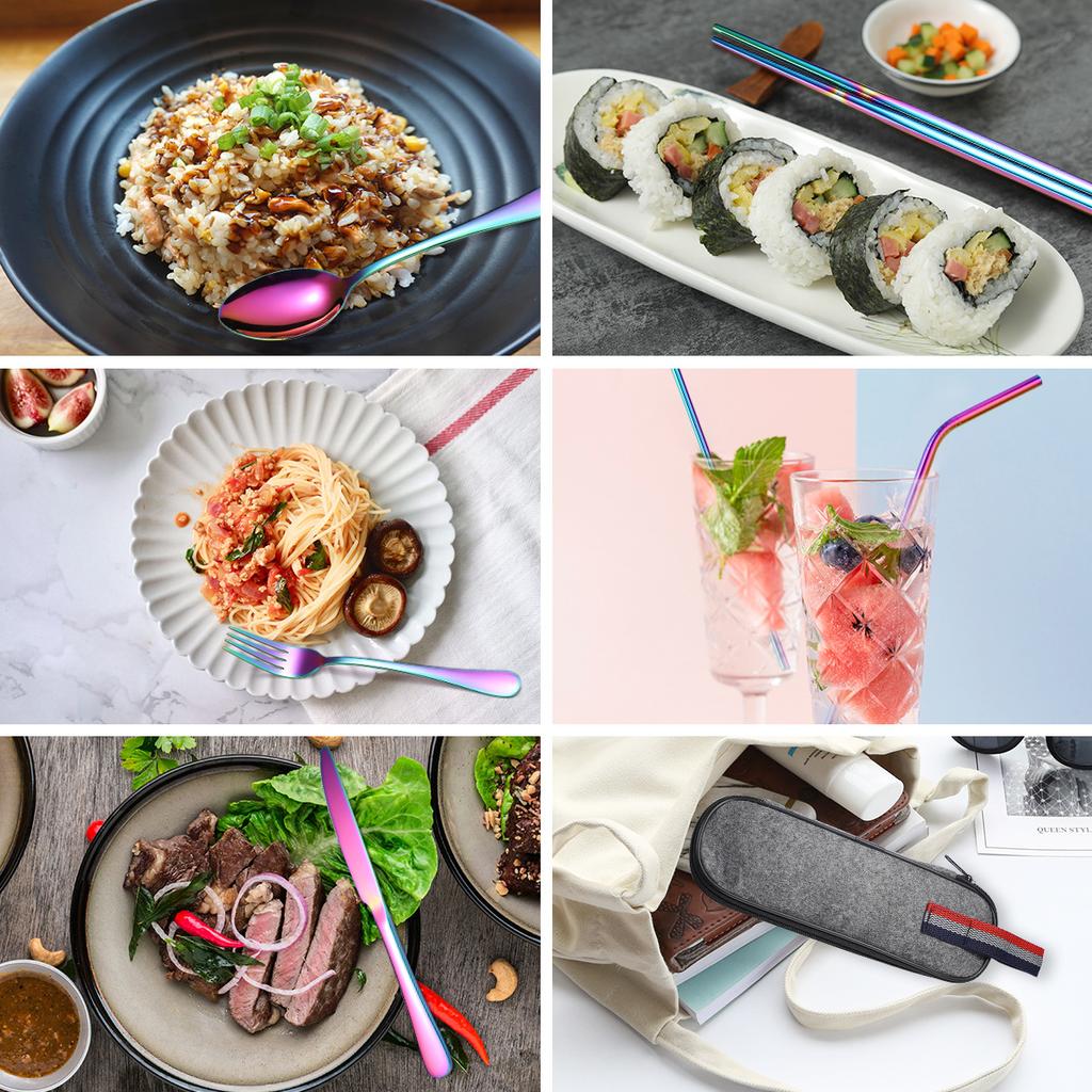 2026 Stainless Steel Portable Cutlery Set 9 Pcs Outdoor Camping Knives and Forks Spoons Chopsticks Straws