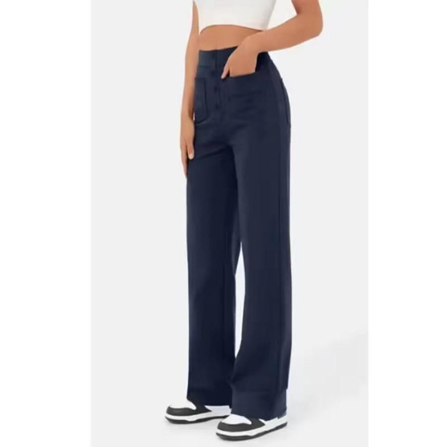 Fashionable Women's Casual Straight Leg Pants with High Waist Button Elastic Band Multiple Pockets Trousers Women’s