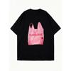 Oversize T-shirt Czarny Różowy Nadruk Torby Plastikowej Z Napisem SUMBURNE Swobodny Styl Uliczny