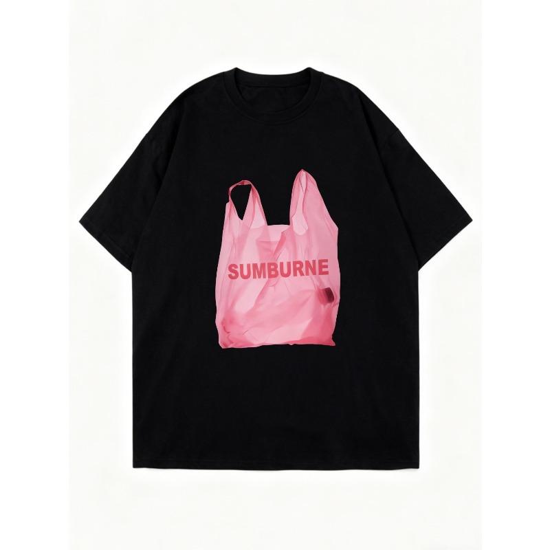 Oversize T-shirt Czarny Różowy Nadruk Torby Plastikowej Z Napisem SUMBURNE Swobodny Styl Uliczny