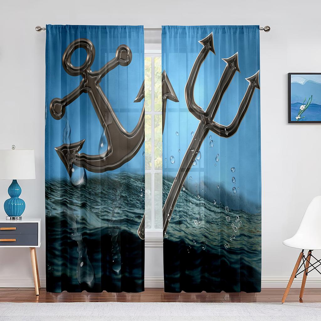 Nautical Anchor Rustic Grey Wooden Sheer Window Curtains Bedroom Modern Chiffon Drape Tulle Living Room Kitchen Voile Curtain